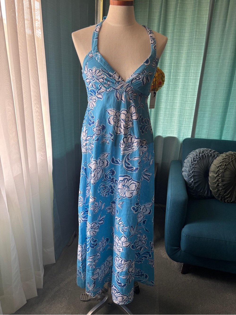 Japna Blue and White Floral Halter Maxi Dress